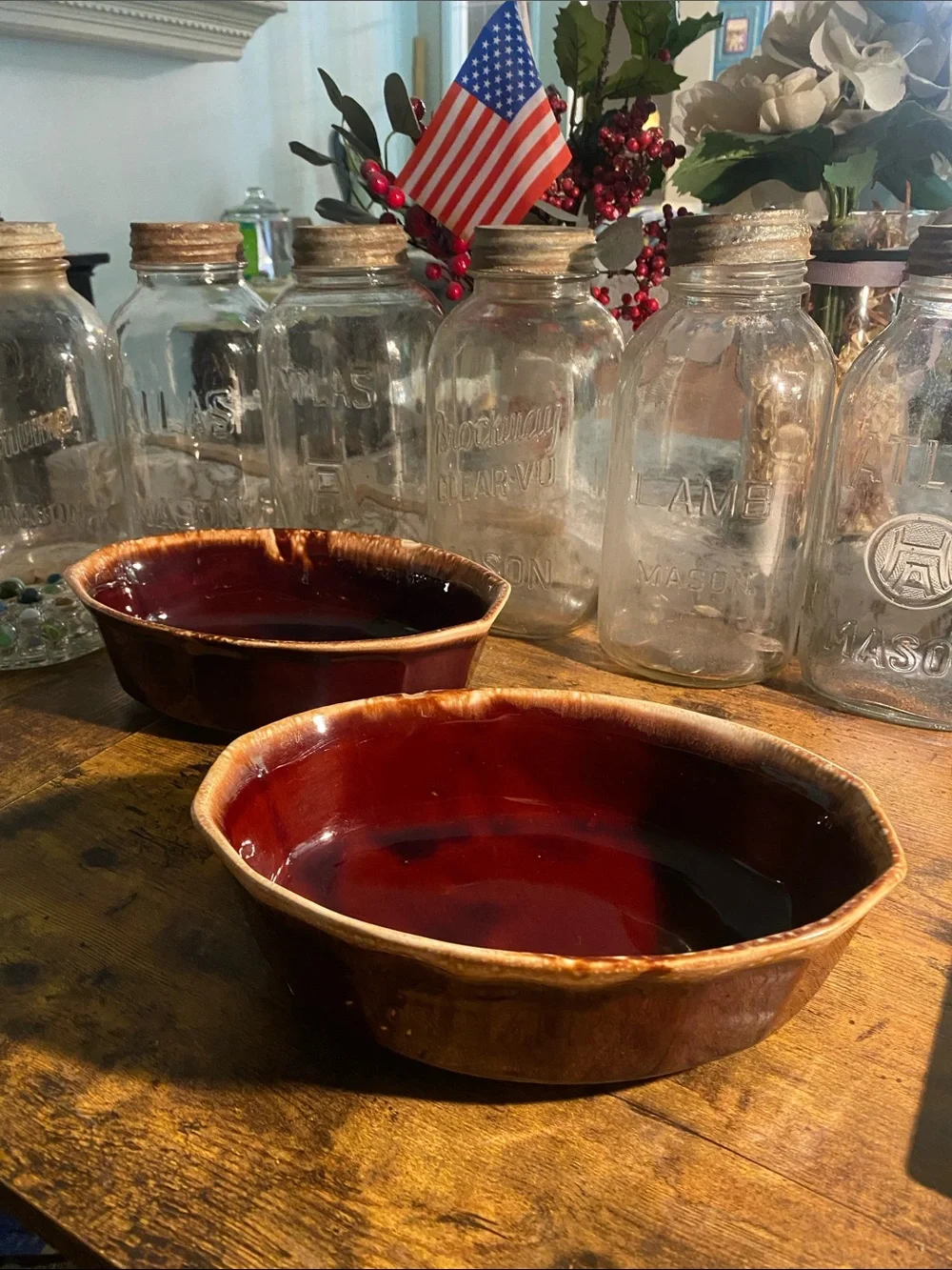 Set of 2 McCoy 7070 USA of proof Ceramic Brown and Deep Red Glazed Bowls